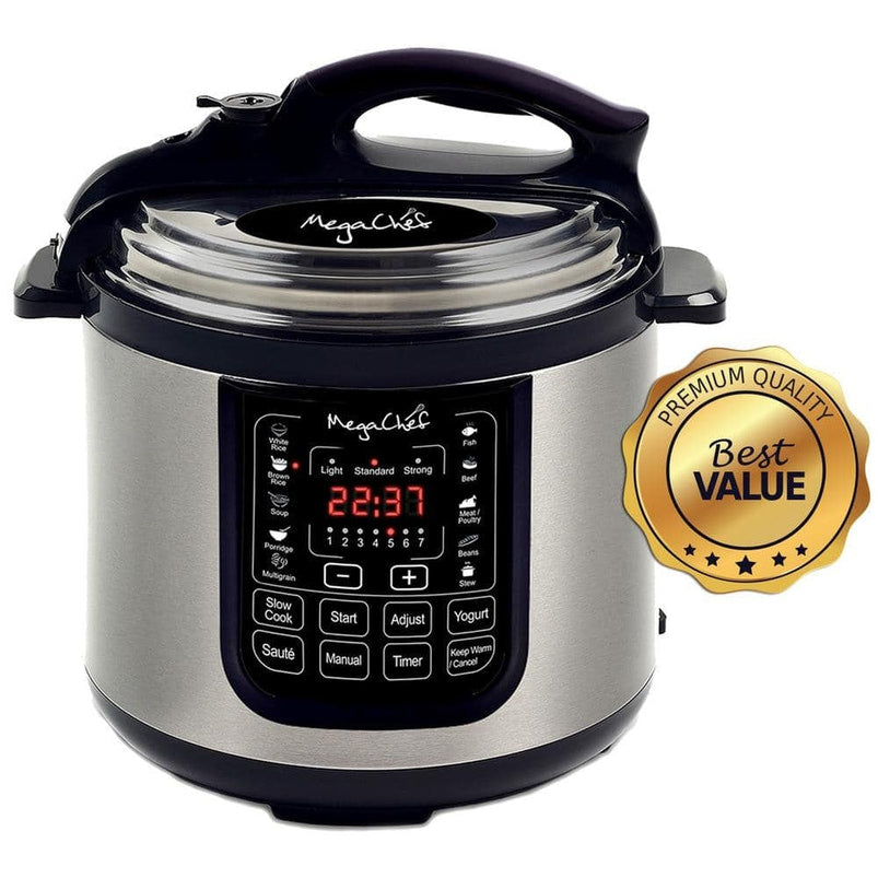 MegaChef 8 QT Stainless Steel Electric Pressure Cooker with Digital Presets and Slow Cook Function