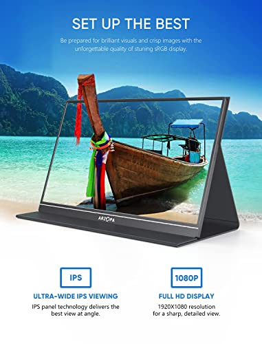 Arzopa Portable Monitor, 15.6 in 1080P FHD Laptop Monitor USB C HDMI Computer Display Hdr Eye Care