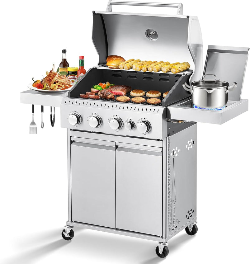 Upgraded 4 Burner BBQ Propane Gas Grill with Cast Iron Grates and Side Stove, 44, 000 BTU Stainless Steel Burner Barbecue Grill for Patio, Camping