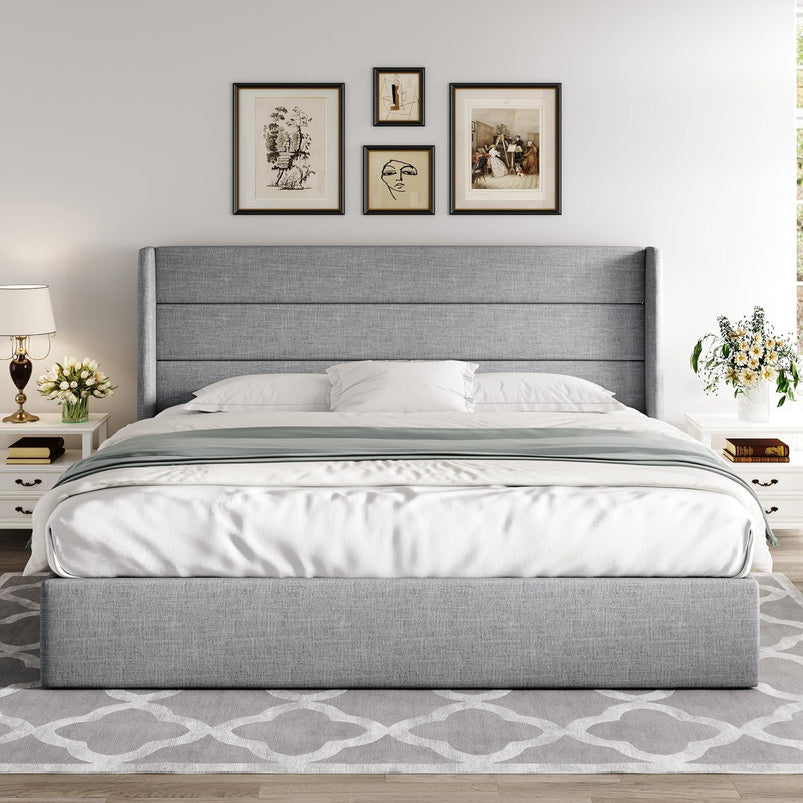 Allewie Queen Size Lift up Storage Bed, Modern Wingback Headboard, Hydraulic Support, Light Beige