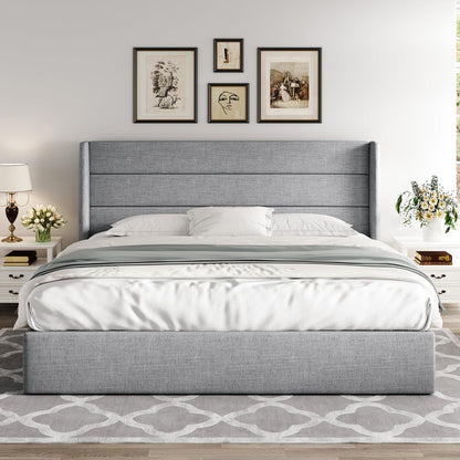 Allewie Queen Size Lift up Storage Bed, Modern Wingback Headboard, Hydraulic Support, Light Beige