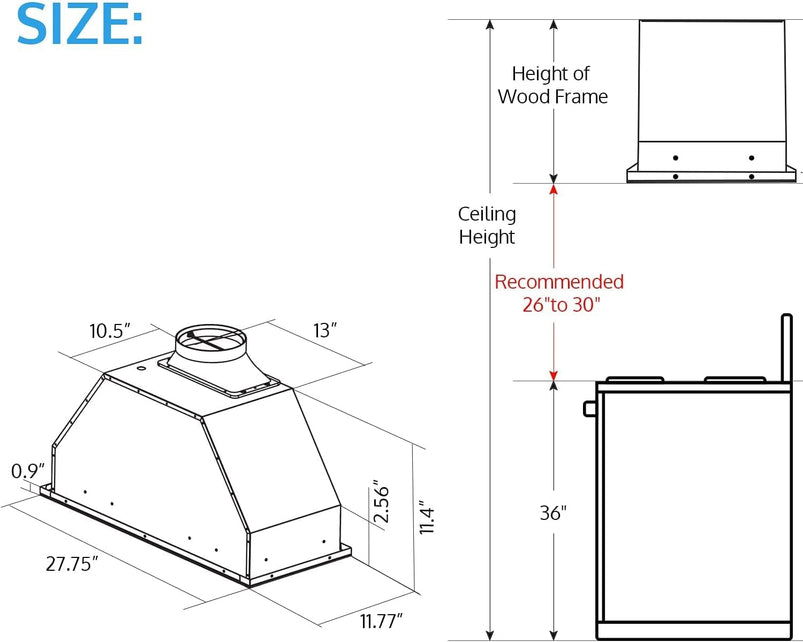 30 Inch Built-in/Insert Range Hood 900 CFM, Ducted/Ductless Convertible Duct