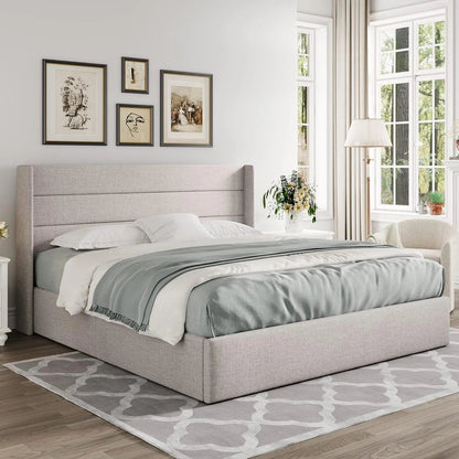 Allewie Queen Size Lift up Storage Bed, Modern Wingback Headboard, Hydraulic Support, Light Beige