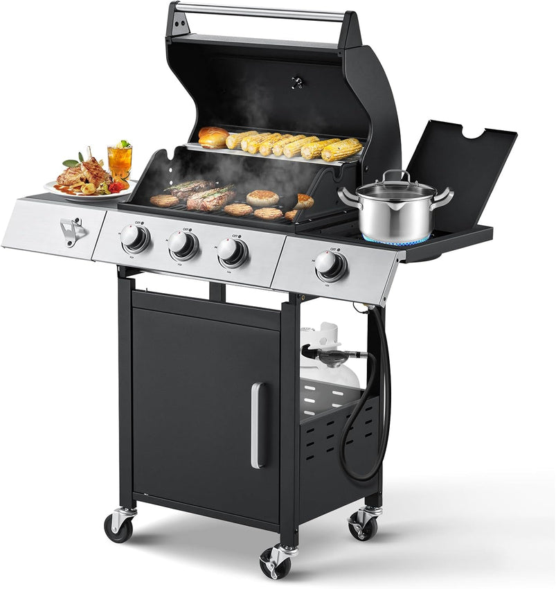 Upgraded 4 Burner BBQ Propane Gas Grill with Cast Iron Grates and Side Stove, 44, 000 BTU Stainless Steel Burner Barbecue Grill for Patio, Camping