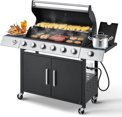 Upgraded 4 Burner BBQ Propane Gas Grill with Cast Iron Grates and Side Stove, 44, 000 BTU Stainless Steel Burner Barbecue Grill for Patio, Camping