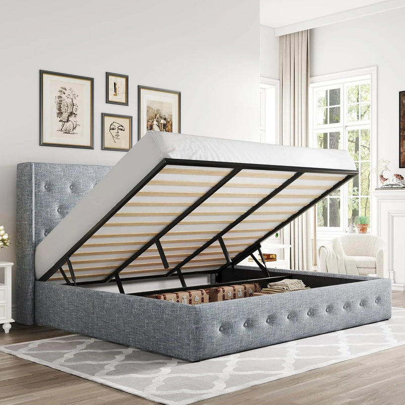 Allewie Queen Size Lift up Storage Bed, Modern Wingback Headboard, Hydraulic Support, Light Beige