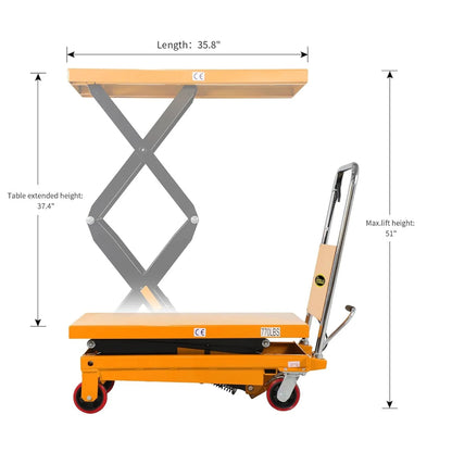 Apollolift Hydraulic Lift Table Cart, 770 Lbs Capacity, 51" MAX Height, Double Scissor Lift with Safety Guard and 4 Wheels