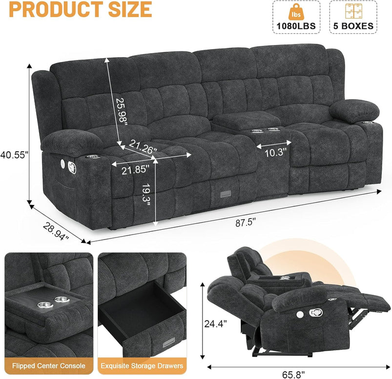 3 Seat Reclining Sofa with Storage Drawer USB Ports and Cup Holders Manual Couch