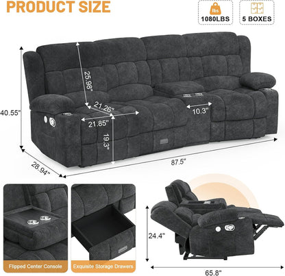 3 Seat Reclining Sofa with Storage Drawer USB Ports and Cup Holders Manual Couch
