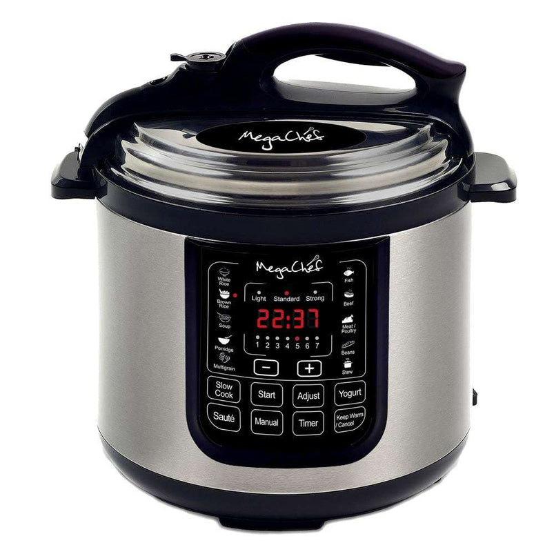 MegaChef 8 QT Stainless Steel Electric Pressure Cooker with Digital Presets and Slow Cook Function