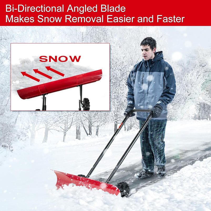 38 Inch Snow Shovel for Driveway, Bi-Direction Heavy Duty Snow Pusher with Wheels and Angled Blade for Efficient Snow Removal