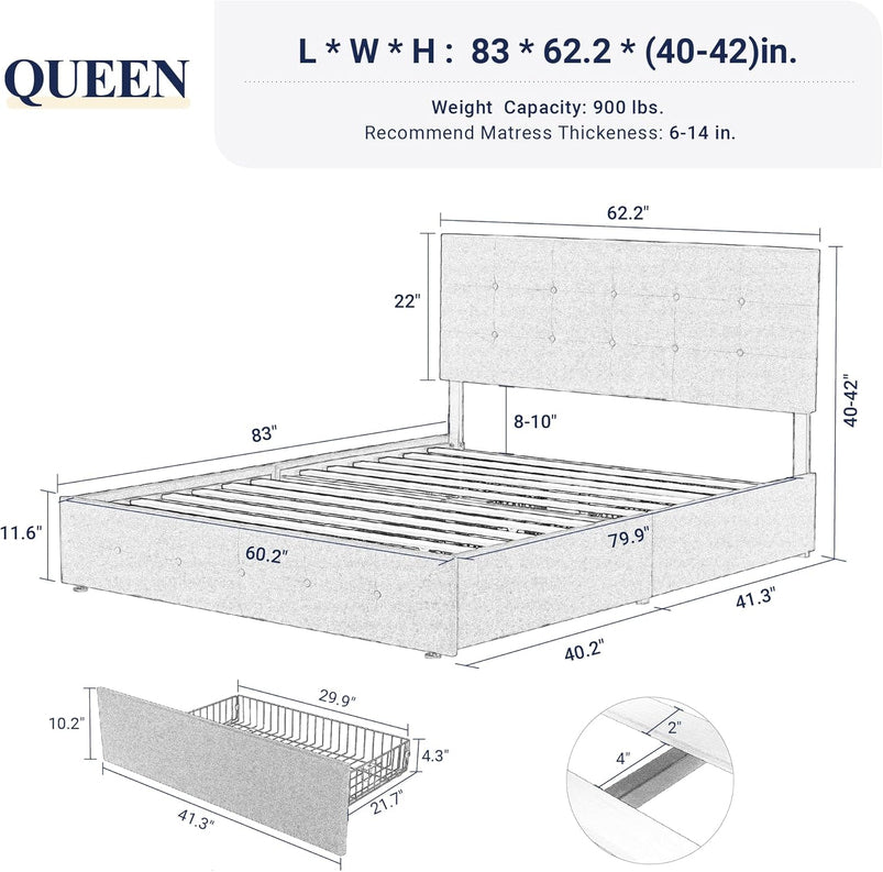 Allewie Upholstered Queen Size Platform Bed Frame with 4 Storage Drawers and Headboard, Square Stitched Button Tufted