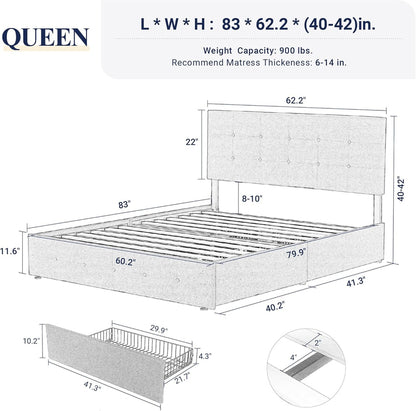 Allewie Upholstered Queen Size Platform Bed Frame with 4 Storage Drawers and Headboard, Square Stitched Button Tufted
