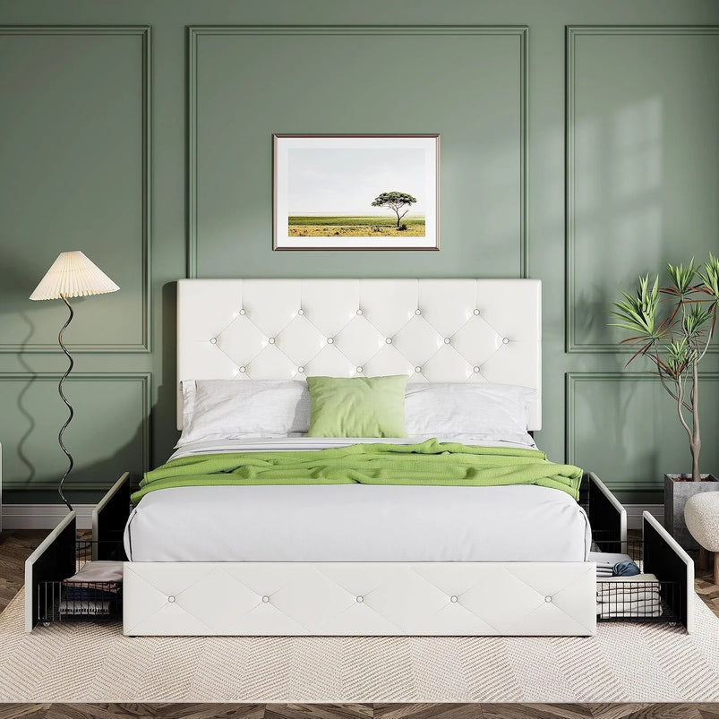 Allewie Upholstered Queen Size Platform Bed Frame with 4 Storage Drawers and Headboard, Square Stitched Button Tufted