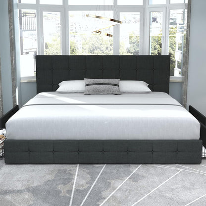 Allewie Upholstered Queen Size Platform Bed Frame with 4 Storage Drawers and Headboard, Square Stitched Button Tufted