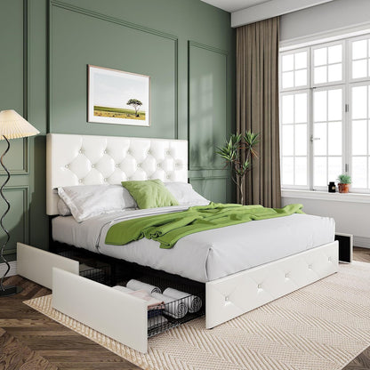 Allewie Upholstered Queen Size Platform Bed Frame with 4 Storage Drawers and Headboard, Square Stitched Button Tufted