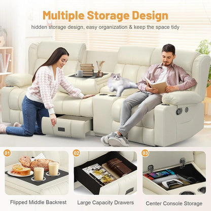 3 Seat Reclining Sofa with Storage Drawer USB Ports and Cup Holders Manual Couch