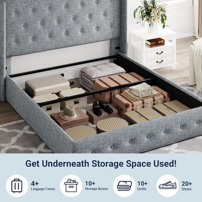 Allewie Queen Size Lift up Storage Bed, Modern Wingback Headboard, Hydraulic Support, Light Beige