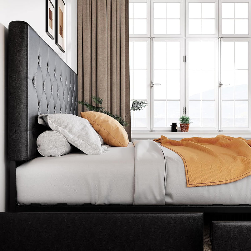 Allewie Upholstered Queen Size Platform Bed Frame with 4 Storage Drawers and Headboard, Square Stitched Button Tufted