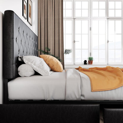 Allewie Upholstered Queen Size Platform Bed Frame with 4 Storage Drawers and Headboard, Square Stitched Button Tufted