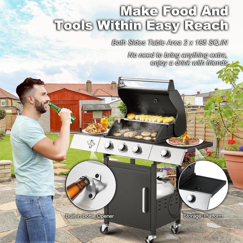 Upgraded 4 Burner BBQ Propane Gas Grill with Cast Iron Grates and Side Stove, 44, 000 BTU Stainless Steel Burner Barbecue Grill for Patio, Camping