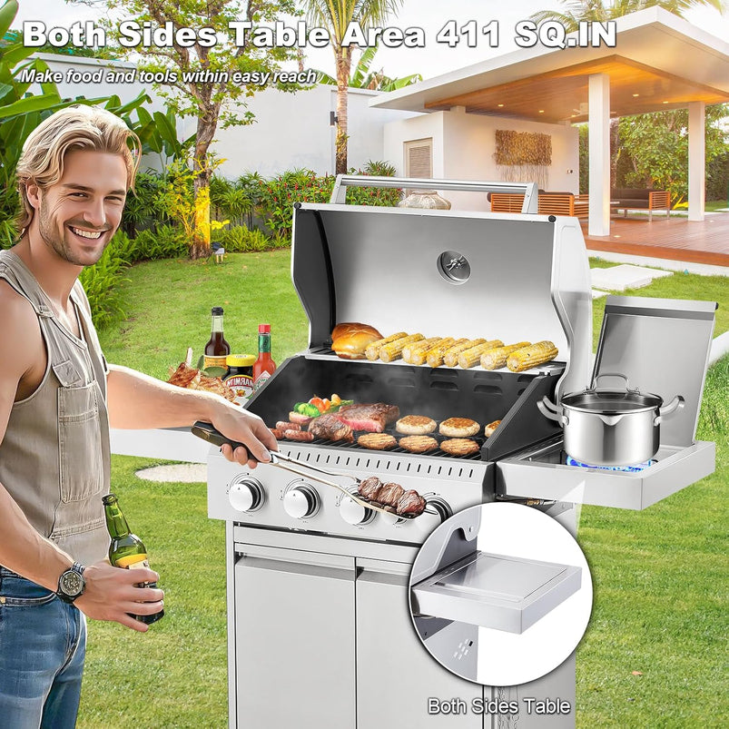 Upgraded 4 Burner BBQ Propane Gas Grill with Cast Iron Grates and Side Stove, 44, 000 BTU Stainless Steel Burner Barbecue Grill for Patio, Camping