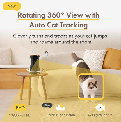 360 Degree Cat Camera, See Your Cat from Anywhere, Rotating 360 Degree Cat Tracking, Treat Toss, Color HD Night Vision, 2-Way Audio