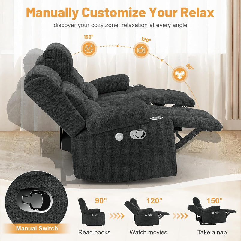 3 Seat Reclining Sofa with Storage Drawer USB Ports and Cup Holders Manual Couch