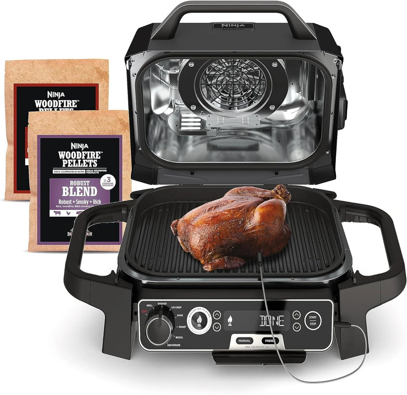 7-in-1 Grill and Smoker with Thermometer, Air Fryer, BBQ, Bake, Roast, Broil, Portable Electric Outdoor Grill, Grey