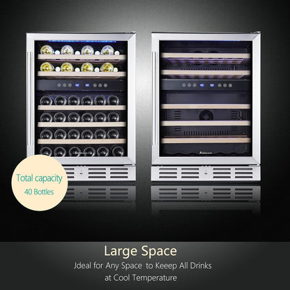 24 Inch Wine Cooler, 46 Bottle, Dual Zone Built-in or Freestanding Fridge with Stainless Steel Reversible Glass Door, for Home, Kitchen, or Office