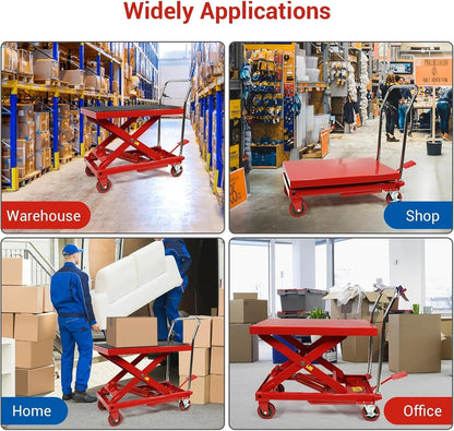 500LBS Hydraulic Lift Table Cart, 30" Lifting Height., Double Scissor Lift Table with 4 Wheels and Non-Slip Pad