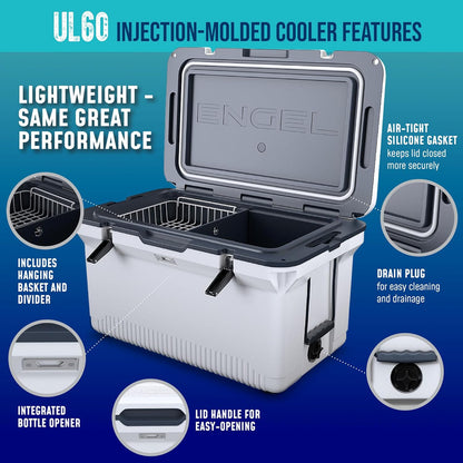 60 QT Ultra-Light Injection Molded Cooler, Ice Chest Keeps Ice up to 7 Days, Large Cooler Includes Wire Basket, Divider and Built-in Bottle Opener