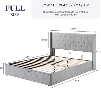 Allewie Queen Size Lift up Storage Bed, Modern Wingback Headboard, Hydraulic Support, Light Beige