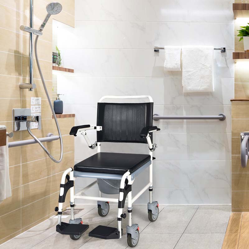 4 in 1 Bedside Commode Chair Shower Wheelchair with Detachable Bucket Padded Mobile Toilet Chair, Comfortable and Ergonomic Design