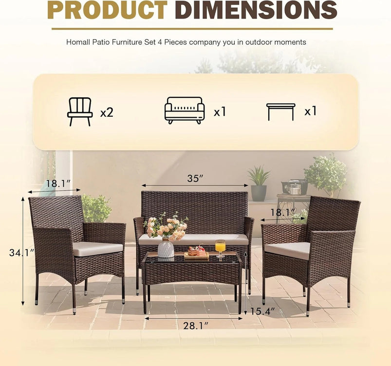 4 Pieces Patio Rattan Chair Wicker, Outdoor Indoor Use Backyard Porch Garden Poolside Balcony Furniture Sets Red