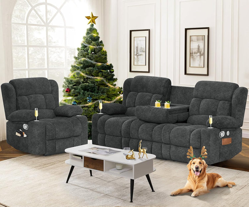 3 Seat Reclining Sofa with Storage Drawer USB Ports and Cup Holders Manual Couch