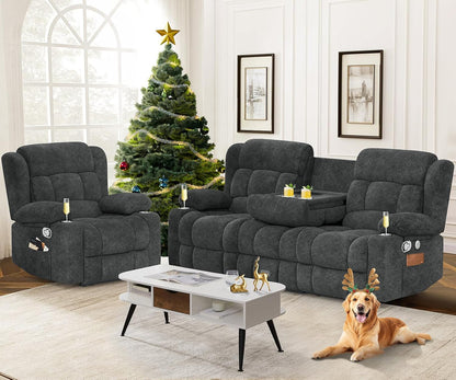 3 Seat Reclining Sofa with Storage Drawer USB Ports and Cup Holders Manual Couch