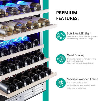 24 Inch Wine Cooler, 46 Bottle, Dual Zone Built-in or Freestanding Fridge with Stainless Steel Reversible Glass Door, for Home, Kitchen, or Office