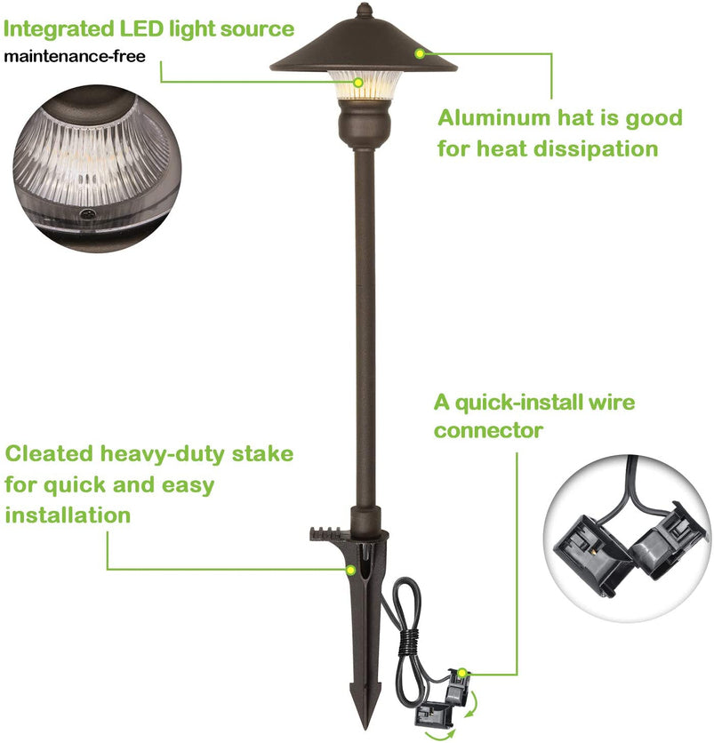 6 Pack Low Voltage LED Landscape Pathway Light, 3W 150LM 12V Wired for Outdoor Yard Lawn, Die-Cast Aluminum Construction
