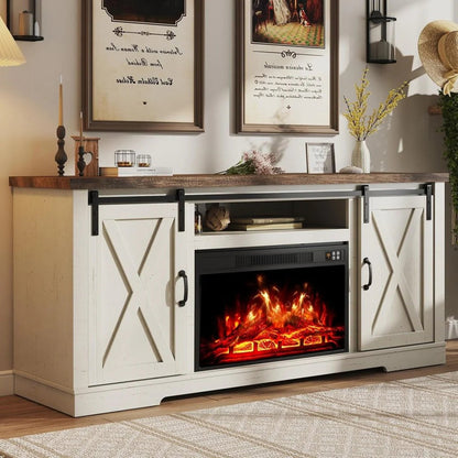 Amerlife Fireplace TV Stand with Sliding Barn Door for Tvs up to 73"