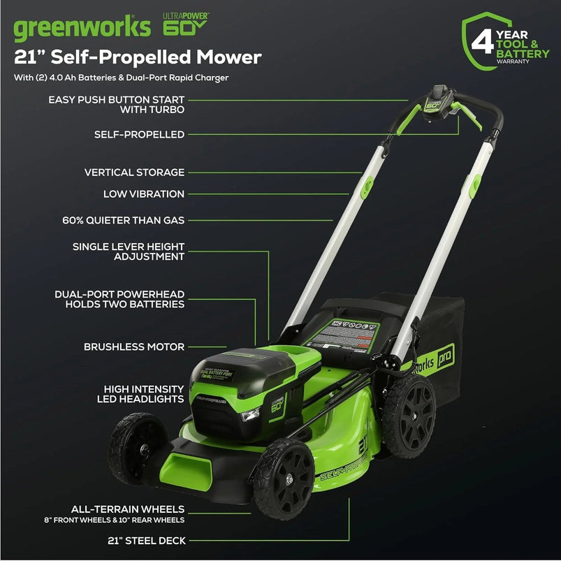 60V 21 Cordless Self-Propelled Lawn Mower, 2 x 4.0Ah Batteries and Dual Port Rapid Charger