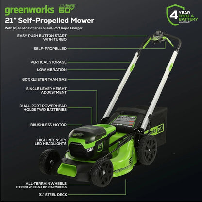 60V 21 Cordless Self-Propelled Lawn Mower, 2 x 4.0Ah Batteries and Dual Port Rapid Charger
