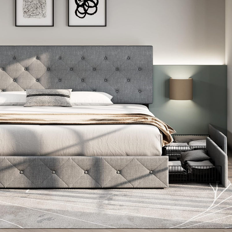 Allewie Upholstered Queen Size Platform Bed Frame with 4 Storage Drawers and Headboard, Square Stitched Button Tufted
