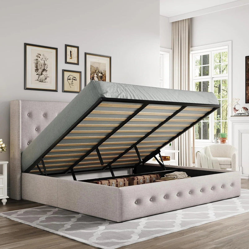 Allewie Queen Size Lift up Storage Bed, Modern Wingback Headboard, Hydraulic Support, Light Beige