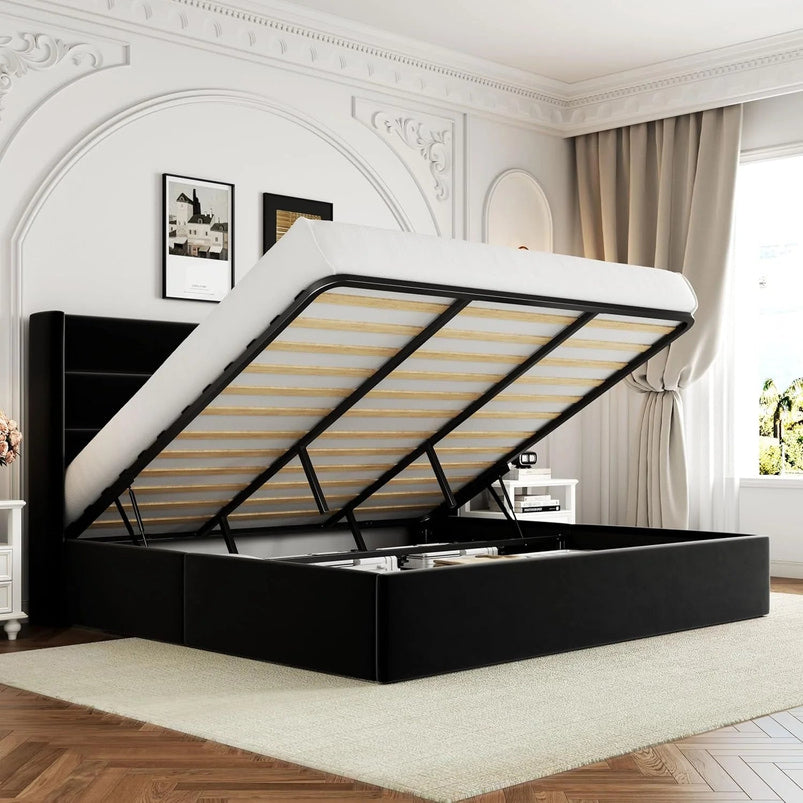 Allewie Queen Size Lift up Storage Bed, Modern Wingback Headboard, Hydraulic Support, Light Beige