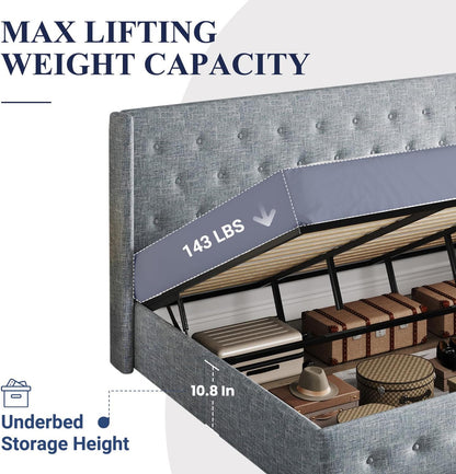 Allewie Queen Size Lift up Storage Bed, Modern Wingback Headboard, Hydraulic Support, Light Beige