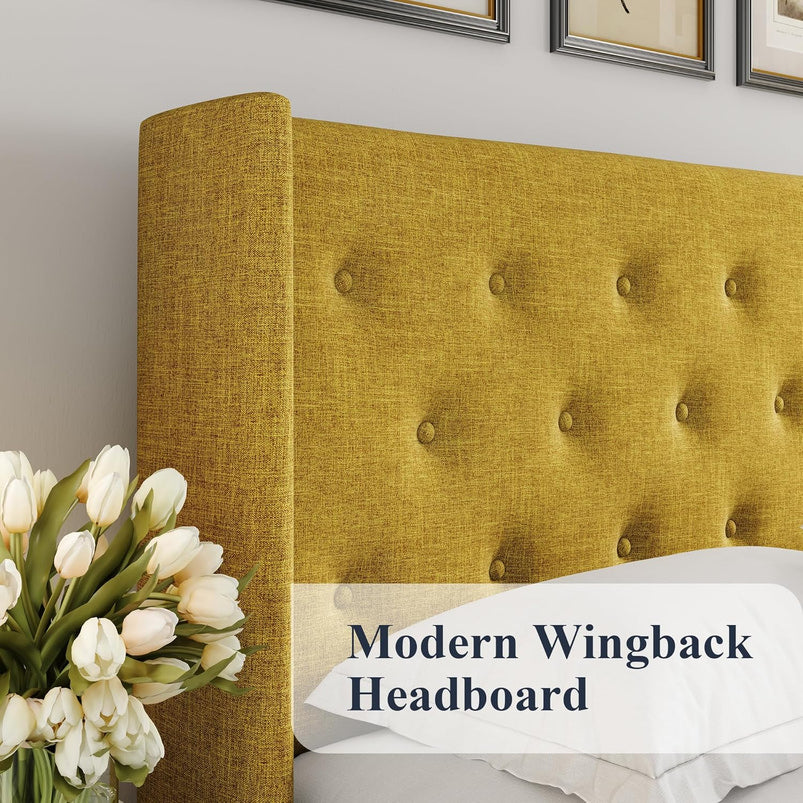 Allewie Queen Size Lift up Storage Bed, Modern Wingback Headboard, Hydraulic Support, Light Beige