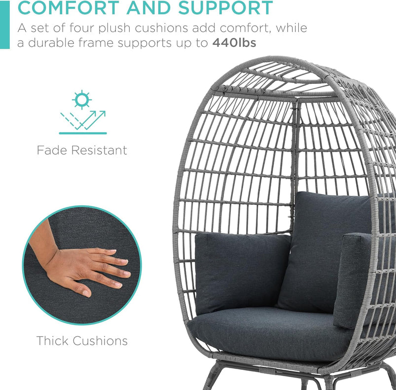 Best Choice Products Wicker Egg Chair, Oversized Indoor Outdoor Lounger for Patio, Backyard, Living Room W/ 4 Cushions, Steel Frame, 440lb Capacity