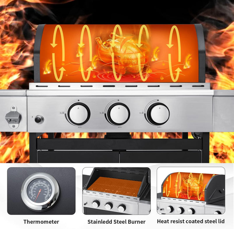 Upgraded 4 Burner BBQ Propane Gas Grill with Cast Iron Grates and Side Stove, 44, 000 BTU Stainless Steel Burner Barbecue Grill for Patio, Camping