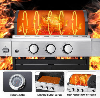 Upgraded 4 Burner BBQ Propane Gas Grill with Cast Iron Grates and Side Stove, 44, 000 BTU Stainless Steel Burner Barbecue Grill for Patio, Camping